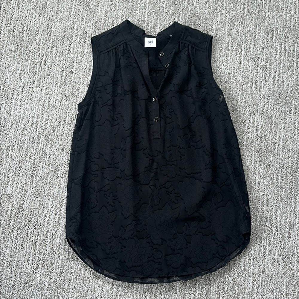 Women’s black cabi, sheer floral print sleeveless